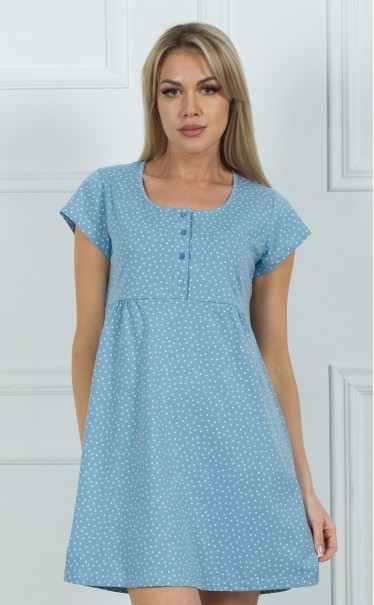 Ночная сорочка "Горошек розовый белый на синем"