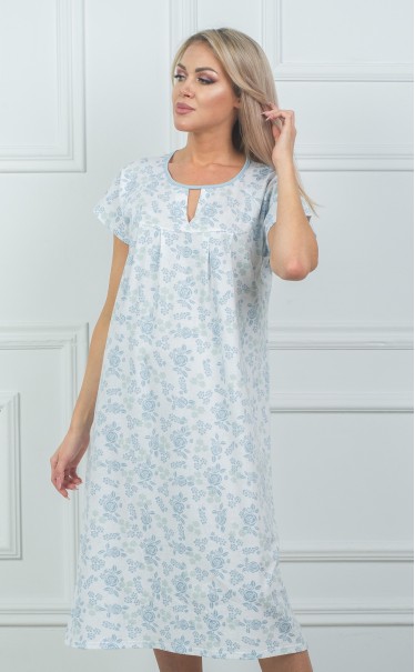 Ночная сорочка "Штамп, голубые розы на белом"
